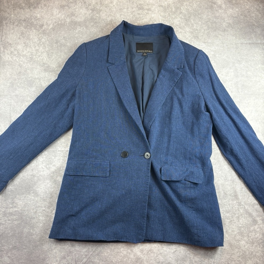 Banana Republic Linen Blend Blazer Womens 8 Blue Preppy Workwear One Button